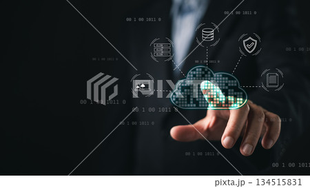 businessman touch with a glowing digital cloud icon connected to data and security symbols, cloud computing, digital infrastructure, cybersecurity, data storage, and enterprise technology systems. businessman touch with a glowing digital cloud icon connected to data and security symbols, cloud computing, digital infrastructure, cybersecurity, data storage, and enterprise technology systems. 134515831