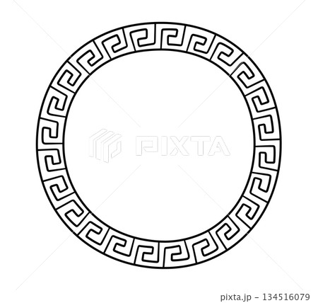 Greek doodle circle frame. Hand drawn roman round frame. Greek or Roman ancient motif border design. Ancient ornament circle element. Vector illustration isolated on white background 134516079