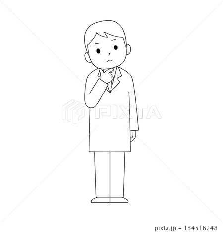 白衣を着た男性があごに指を当てて考えている白黒線画イラスト 134516248