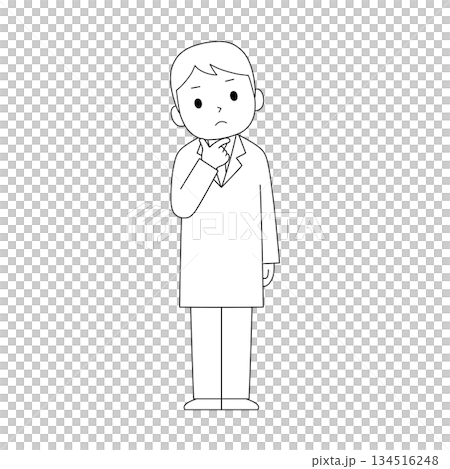 白衣を着た男性があごに指を当てて考えている白黒線画イラスト 134516248
