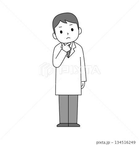 白衣を着た男性があごに指を当てて考えているモノクロイラスト 134516249