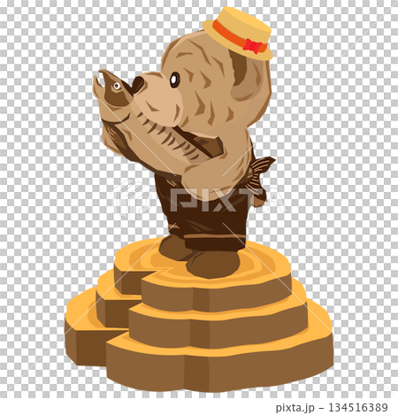 輪切りにした切り株の上に立つ、鮭を持った木彫り風のクマのイラスト 134516389