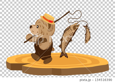 Illustration of a woodcarving-style bear standing on a sliced tree stump, returning from fishing for salmon Illustration of a woodcarving-style bear standing on a sliced tree stump, returning from fishing for salmon 134516390