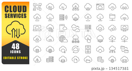 Modern Cloud Services Line Icon Set Featuring Editable Stroke Icons For Cloud Computing, Storage, Sync, Security, Backup, Network, And Data Management. Ideal For Web, App, And UI Design. Isolated Vect 134517381