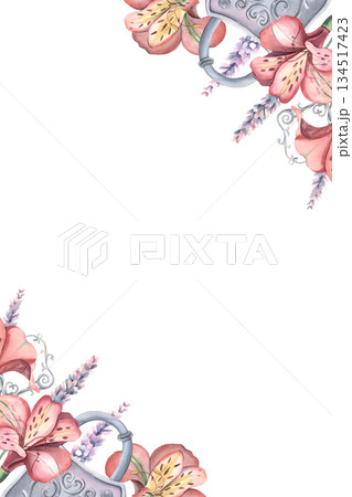Vertical botany frame, alstroemeria flowers, lavender, metal lock, key. Hand-painted watercolor illustration isolated on white for invitations, branding, packaging, stationery, template for you design Vertical botany frame, alstroemeria flowers, lavender, metal lock, key. Hand-painted watercolor illustration isolated on white for invitations, branding, packaging, stationery, template for you design 134517423