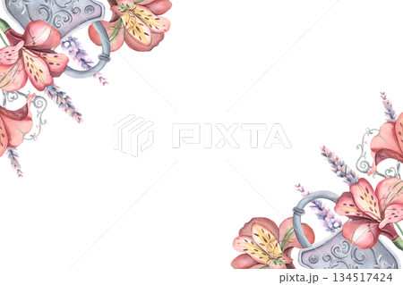Horizontal frame, alstroemeria flowers, lavender, metal lock, key. Hand-painted watercolor illustration isolated on white for invitations, branding, packaging, stationery, template for you design Horizontal frame, alstroemeria flowers, lavender, metal lock, key. Hand-painted watercolor illustration isolated on white for invitations, branding, packaging, stationery, template for you design 134517424
