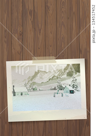 Old photograph paper of small town in winter landscape sticked on wooden vertical background graphic illustration have blank space. 134517452