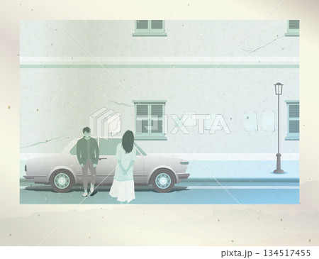 Old photograph film fade condition of couple of lover meeting at sidewalk in old town graphic illustration have blank space. Old photograph film fade condition of couple of lover meeting at sidewalk in old town graphic illustration have blank space. 134517455