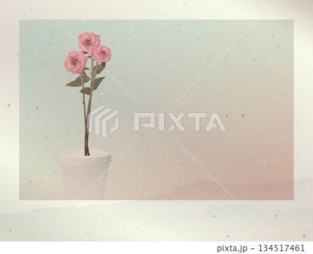 Old instant photograph film fade condition of pink rose flowers in ceramic vase graphic illustration have blank space. Valentine's day greeting card setro style template. 134517461