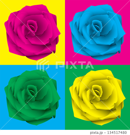 Rose flower head surrealism vivid colors square background graphic illustration, 134517480