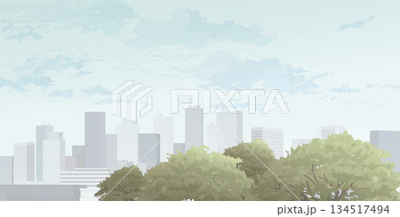 Cityscape with skyscrapers have trees at front and blue sky background graphic illustration. 134517494