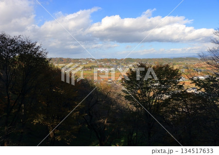 The senic view from the Chusonji Buddhist temple on a mountain in Hiraizumi town in Iwate prefecture of Tohoku Japan The senic view from the Chusonji Buddhist temple on a mountain in Hiraizumi town in Iwate prefecture of Tohoku Japan 134517633