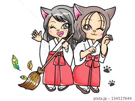 神社で歓迎してくれる猫耳の巫女さん達 神社で歓迎してくれる猫耳の巫女さん達 134517644