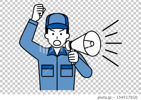 A man in overalls protesting with a loudspeaker 134517810