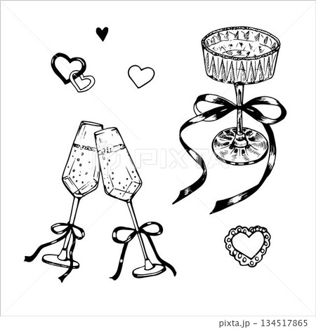 Glasses set of champagne or wine in doodle style. Champagne glasses make cheers. Celebration, party, holiday symbol 134517865