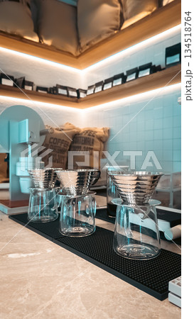 craft coffee bar with pour over brewing equipment, specialty cafe manual drip station glass carafes craft coffee bar with pour over brewing equipment, specialty cafe manual drip station glass carafes 134518764