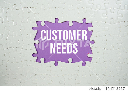 Jigsaw puzzle with a missing piece with "Customer Needs" on purple background Jigsaw puzzle with a missing piece with "Customer Needs" on purple background 134518937