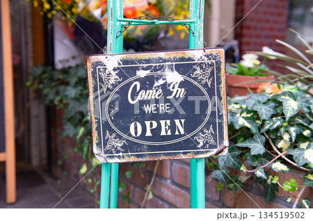 yes we're open sign , vintage restaurant sign , Open sign in street cafe yes we're open sign , vintage restaurant sign , Open sign in street cafe 134519502