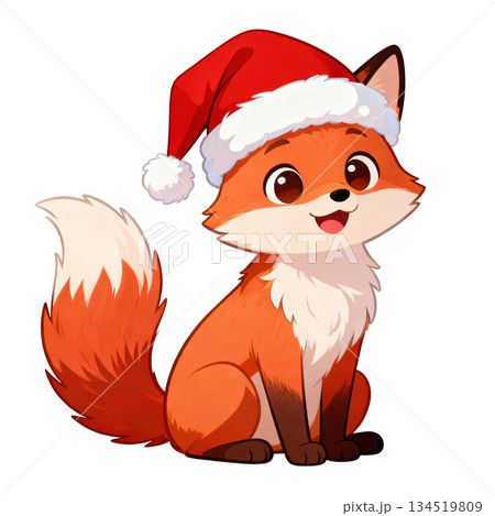 Happy cute cartoon fox wearing red Christmas Santa hat for holiday. Adorable young animal illustration character 134519809