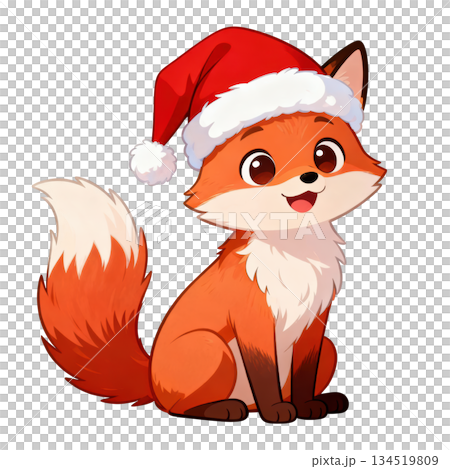 Happy cute cartoon fox wearing red Christmas Santa hat for holiday. Adorable young animal illustration character 134519809