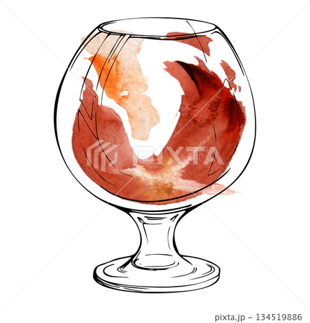 Sparkling Aperol Spritz in balloon wine glass, red liquid cocktail or lemonade with watercolor tones and crisp ink detail. Hand drawn design for patio bar visuals, drink prints, and wrapping paper. 134519886