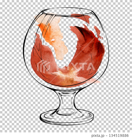 Sparkling Aperol Spritz in balloon wine glass, red liquid cocktail or lemonade with watercolor tones and crisp ink detail. Hand drawn design for patio bar visuals, drink prints, and wrapping paper. 134519886