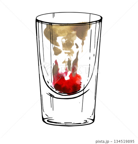 Brain Hemorrhage cream and red grenadine syrup shot with surreal swirling cherry accent. Isolated watercolor and ink illustration. Halloween bar art, edgy cocktail collections, surreal drink series. 134519895