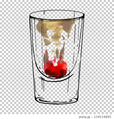 Brain Hemorrhage cream and red grenadine syrup shot with surreal swirling cherry accent. Isolated watercolor and ink illustration. Halloween bar art, edgy cocktail collections, surreal drink series. 134519895