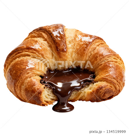 Delicious chocolate croissant pastry with warm filling. tempting sweet food 134519999