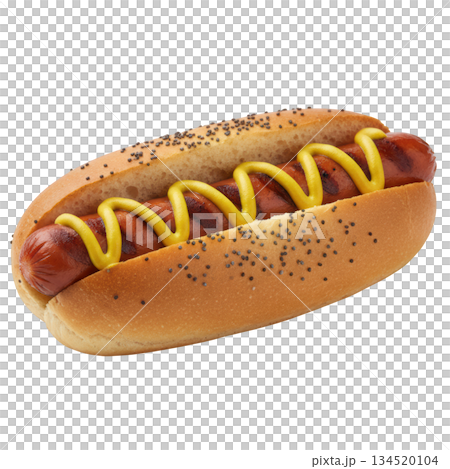 Delicious grilled hot dog sausage in poppy seed bun with mustard Delicious grilled hot dog sausage in poppy seed bun with mustard 134520104