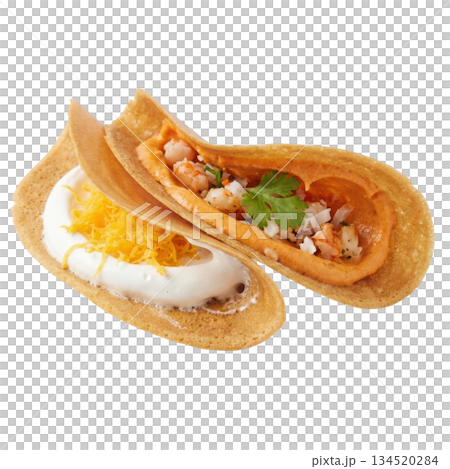 Thai Khanom Buang Crepe with Shrimp and Coconut Cream on Isolated Background 134520284