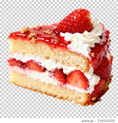 Tempting slice of delicious strawberry cake dessert with sweet fresh cream 134520352