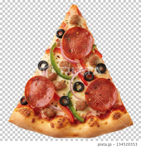 Delicious supreme pizza slice with pepperoni, sausage, olive and pepper 134520353