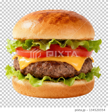 Appetizing grilled beef cheeseburger with fresh tomato and lettuce 134520354