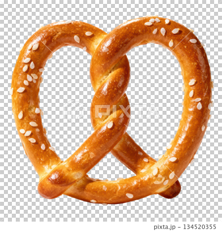 Delicious golden baked pretzel snack with sesame seeds, classic savory treat 134520355