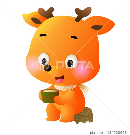 Cute Cartoon Deer Character Holding Cup 134520628