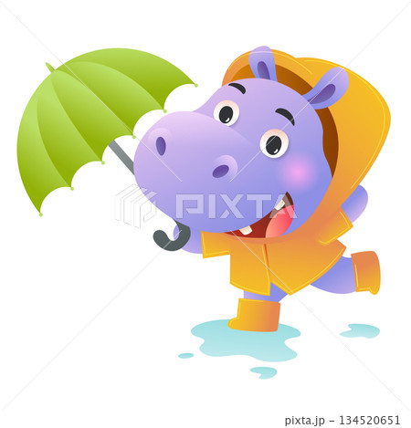 A cute cartoon hippopotamus wearing a yellow raincoat and hat, holding a green umbrella, walking happily in the rain. 134520651