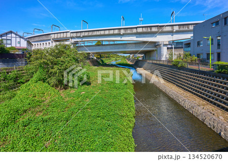 東京都世田谷区の野川にかかる上野田橋から北側の風景(小田急線橋梁,喜多見8,成城3など) 134520670