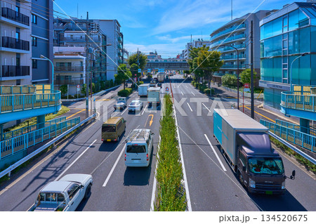東京都世田谷区千歳台1丁目と桜丘5丁目の環八通りにかかる歩道橋から南側の眺望 134520675