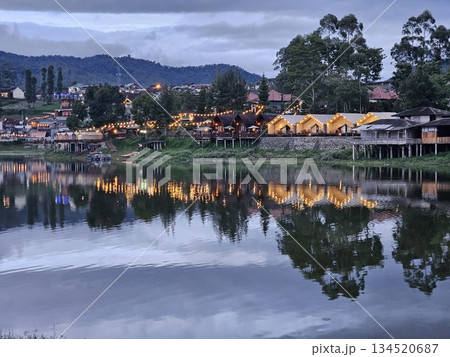 this is camping ground at night on pengalengan area with lake side situation 134520687