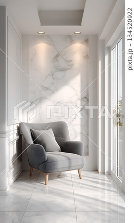 Gray Armchair Marble Wall Modern Interior by Window Sunlight Accents Elegant Home Design 134520922