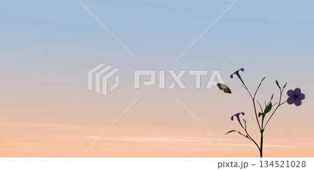 Silhouette of tree branch with leaves and flowers have vanilla sky background graphic illustration have blank space. 134521028