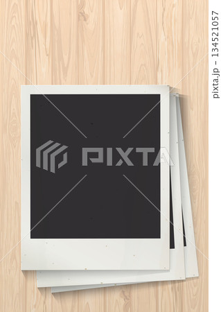 Blank old instant photograph vertical frames superimposed on wooden whitewashed texture vertical background graphic illustration have blank space. 134521057