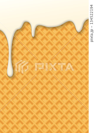 Melted vanilla ice cream drop onto wafer 3D pattern yellow brown colors vertical background graphic illustration. 134522194