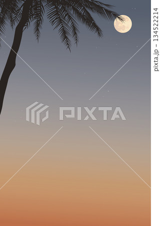 Silhouette palm trees with sunset sky with full moon vertical background graphic illustration have blank space. 134522214