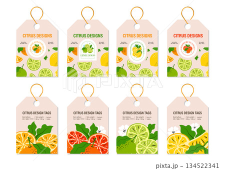 Vertical Citrus Hang Tag Label Set with String. Hand Drawn Lemon, Lime and Grapefruit Design for Dried Fruits and Organic Products, etc in a Vector Illustration Vertical Citrus Hang Tag Label Set with String. Hand Drawn Lemon, Lime and Grapefruit Design for Dried Fruits and Organic Products, etc in a Vector Illustration 134522341