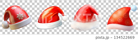 Set of illustrations of Christmas Santa hats on a transparent background, PNG image 134522669