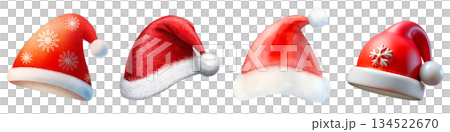 Set of illustrations of Christmas Santa hats on a transparent background, PNG image 134522670