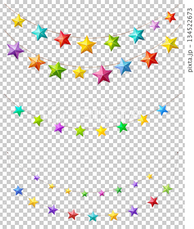 Illustrations of multi-colored holiday stars on a rope on a transparent background, set of illustrations of multi-colored stars on a rope, PNG image 134522673
