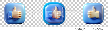 Set of 3D thumbs up icons, set of thumbs up icons on a transparent background, PNG image 134522675
